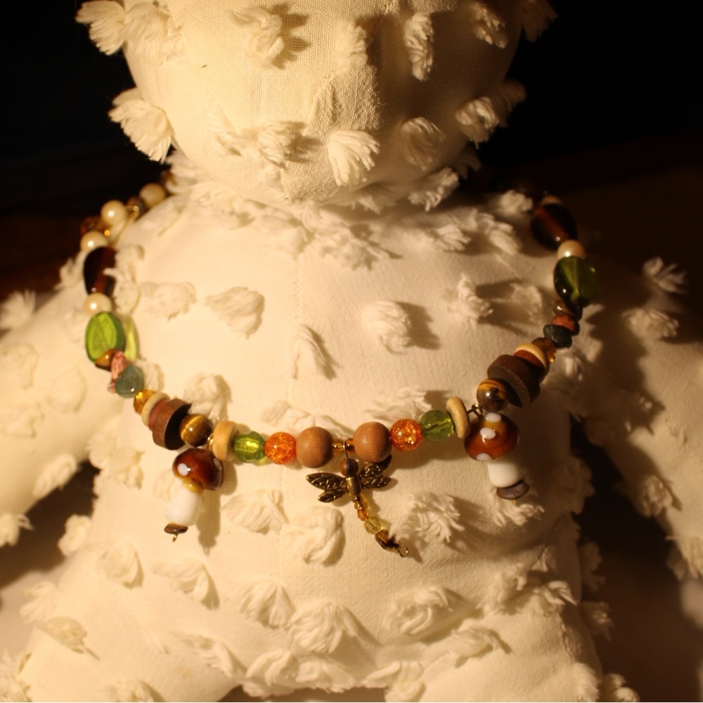 Mushroom and dragonfly necklace